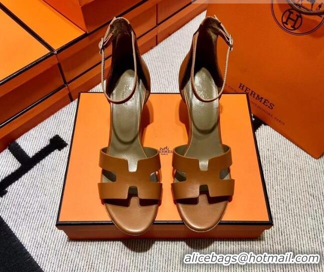 Pretty Style Hermes Legend Smooth Calfskin Wedge Sandals 7cm Brown 062255