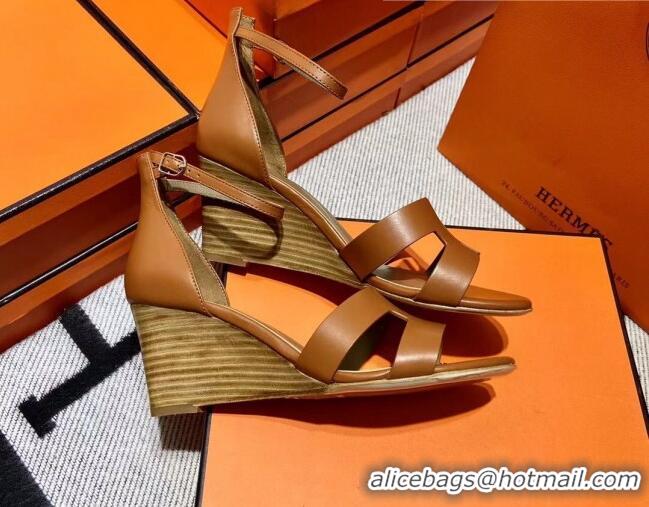 Pretty Style Hermes Legend Smooth Calfskin Wedge Sandals 7cm Brown 062255