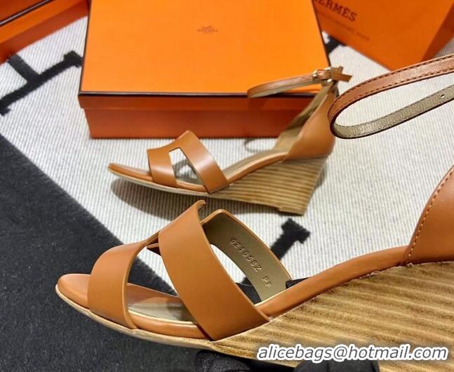 Pretty Style Hermes Legend Smooth Calfskin Wedge Sandals 7cm Brown 062255