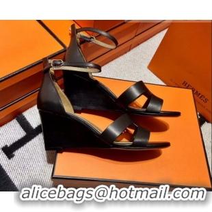 Best Price Hermes Legend Smooth Calfskin Wedge Sandals 7cm Black 062256