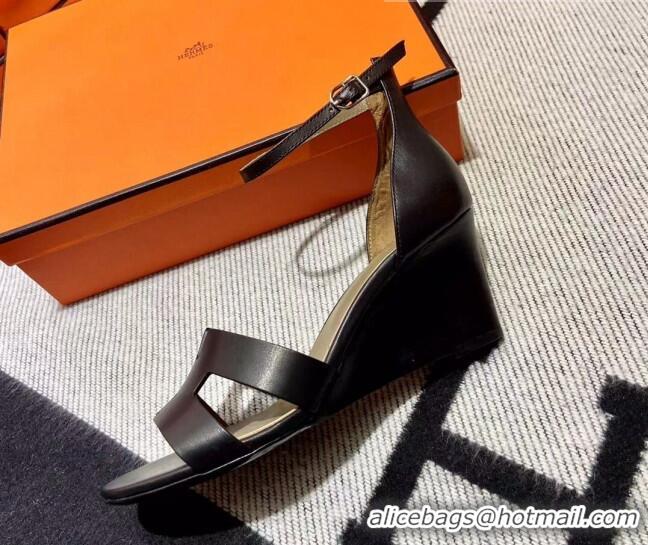 Best Price Hermes Legend Smooth Calfskin Wedge Sandals 7cm Black 062256