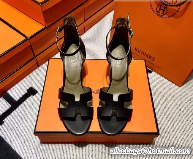 Best Price Hermes Legend Smooth Calfskin Wedge Sandals 7cm Black 062256