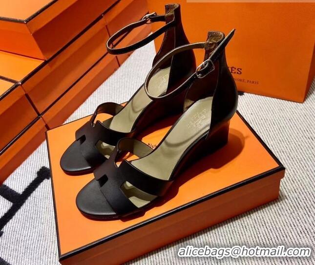 Best Price Hermes Legend Smooth Calfskin Wedge Sandals 7cm Black 062256