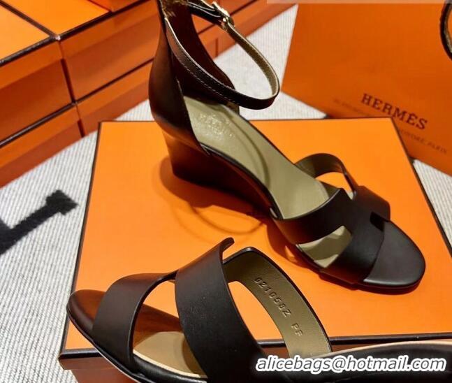 Best Price Hermes Legend Smooth Calfskin Wedge Sandals 7cm Black 062256