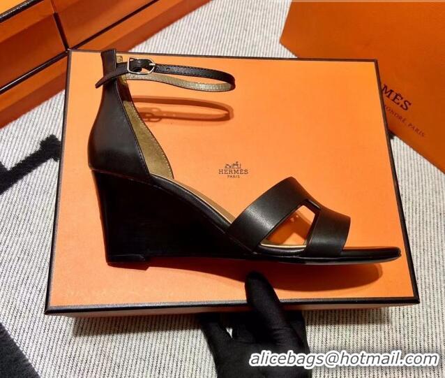 Best Price Hermes Legend Smooth Calfskin Wedge Sandals 7cm Black 062256