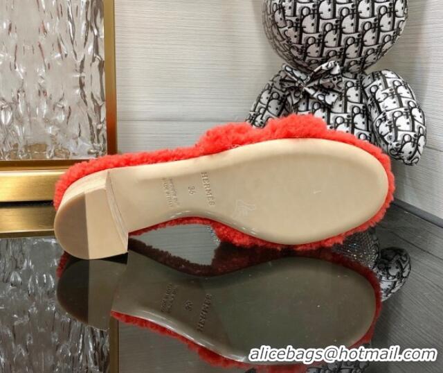 Low Cost Hermes Teddy Fur Medium Heel Slide Sandals 5cm Red 071901