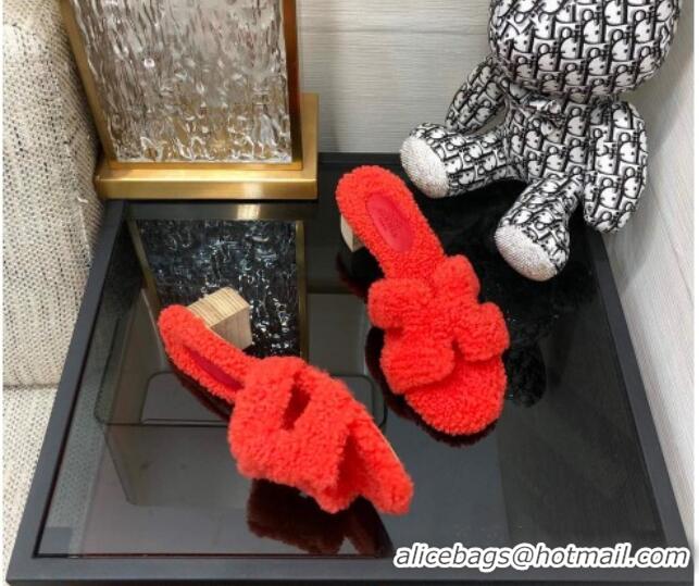 Low Cost Hermes Teddy Fur Medium Heel Slide Sandals 5cm Red 071901