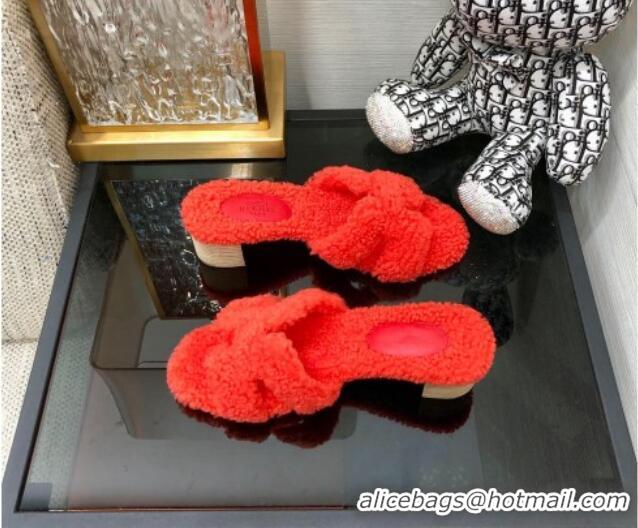 Low Cost Hermes Teddy Fur Medium Heel Slide Sandals 5cm Red 071901