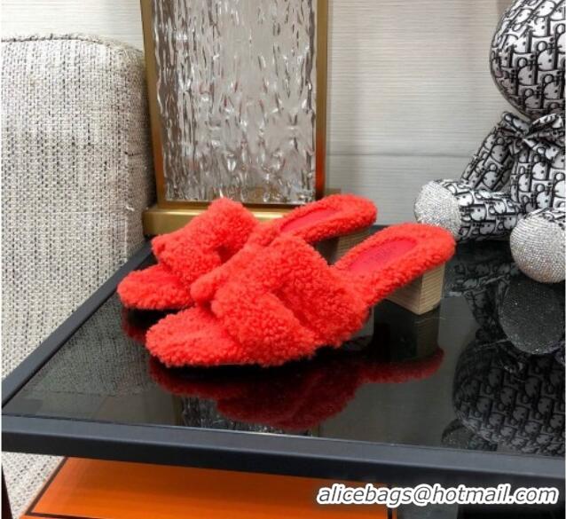 Low Cost Hermes Teddy Fur Medium Heel Slide Sandals 5cm Red 071901