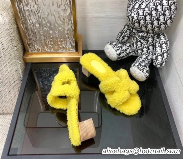 Purchase Hermes Teddy Fur Medium Heel Slide Sandals 5cm Yellow 071902