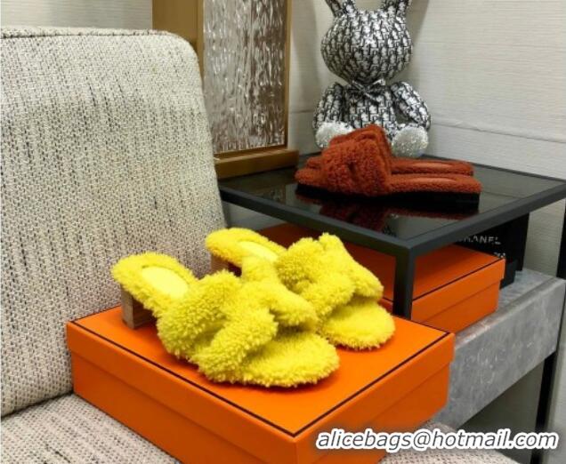 Purchase Hermes Teddy Fur Medium Heel Slide Sandals 5cm Yellow 071902