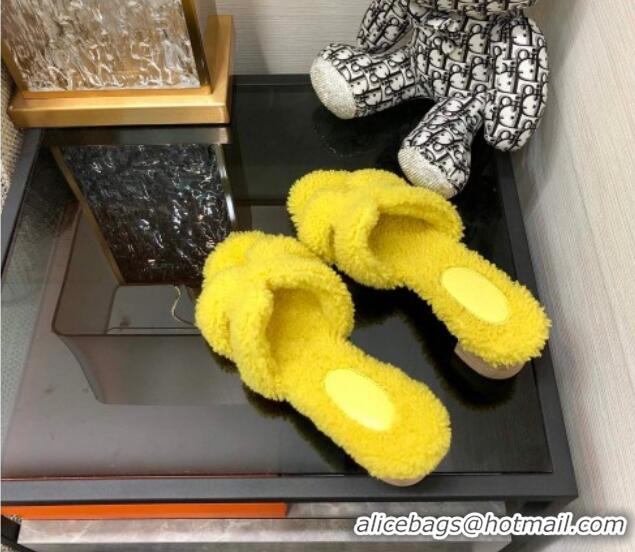 Purchase Hermes Teddy Fur Medium Heel Slide Sandals 5cm Yellow 071902