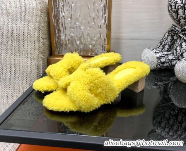 Purchase Hermes Teddy Fur Medium Heel Slide Sandals 5cm Yellow 071902