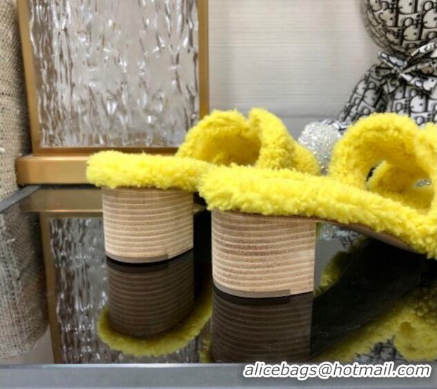 Purchase Hermes Teddy Fur Medium Heel Slide Sandals 5cm Yellow 071902