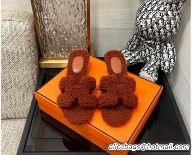 Unique Style Hermes Teddy Fur Medium Heel Slide Sandals 5cm Brown 071903