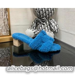 Durable Hermes Teddy Fur Medium Heel Slide Sandals 5cm Blue 071904