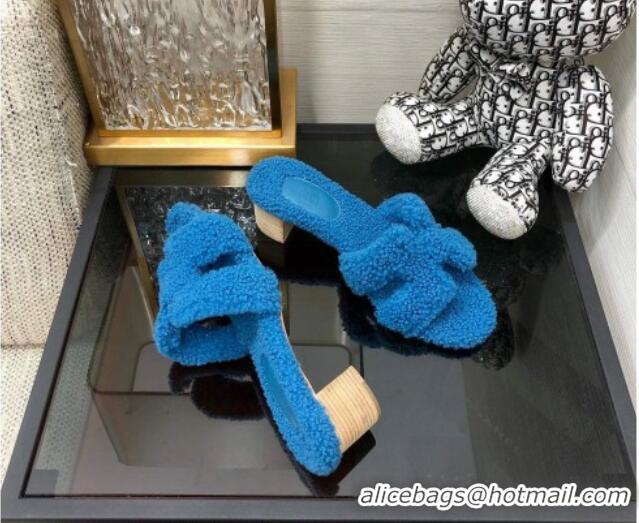 Durable Hermes Teddy Fur Medium Heel Slide Sandals 5cm Blue 071904