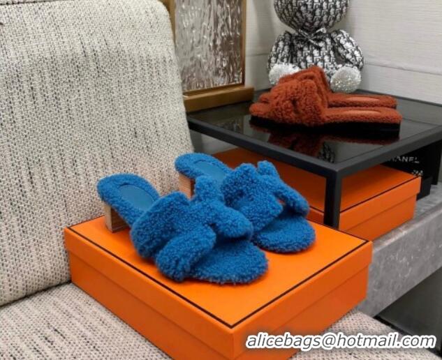 Durable Hermes Teddy Fur Medium Heel Slide Sandals 5cm Blue 071904