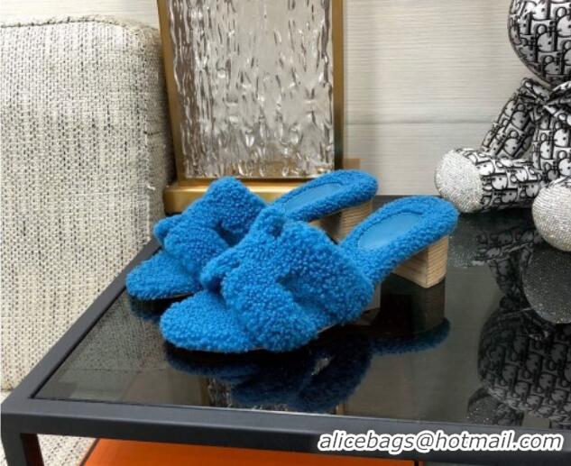 Durable Hermes Teddy Fur Medium Heel Slide Sandals 5cm Blue 071904