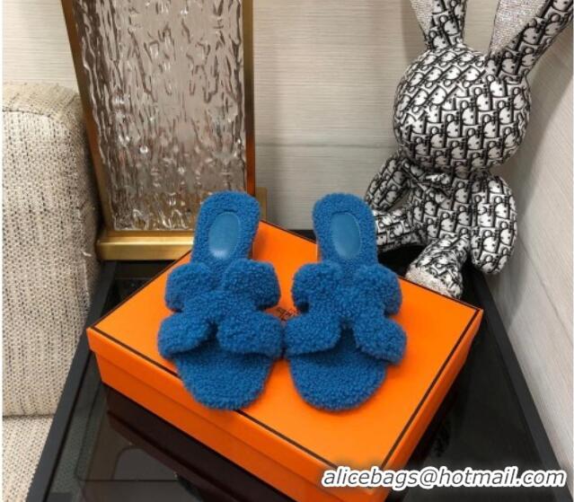 Durable Hermes Teddy Fur Medium Heel Slide Sandals 5cm Blue 071904