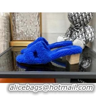 Duplicate Hermes Teddy Fur Medium Heel Slide Sandals 5cm Cobalt Blue 071905