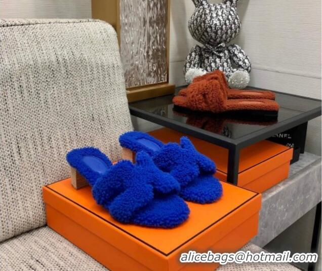 Duplicate Hermes Teddy Fur Medium Heel Slide Sandals 5cm Cobalt Blue 071905