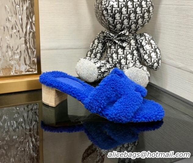 Duplicate Hermes Teddy Fur Medium Heel Slide Sandals 5cm Cobalt Blue 071905