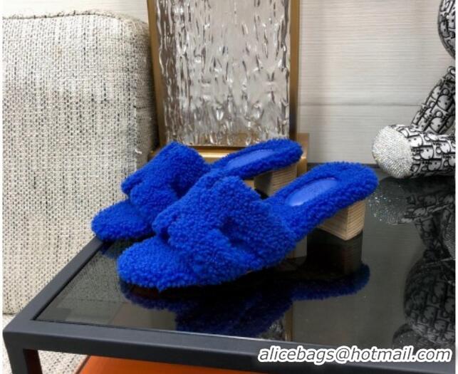 Duplicate Hermes Teddy Fur Medium Heel Slide Sandals 5cm Cobalt Blue 071905