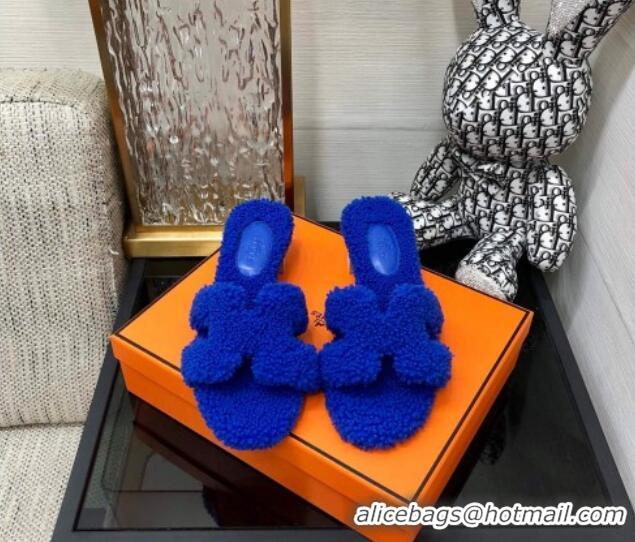 Duplicate Hermes Teddy Fur Medium Heel Slide Sandals 5cm Cobalt Blue 071905