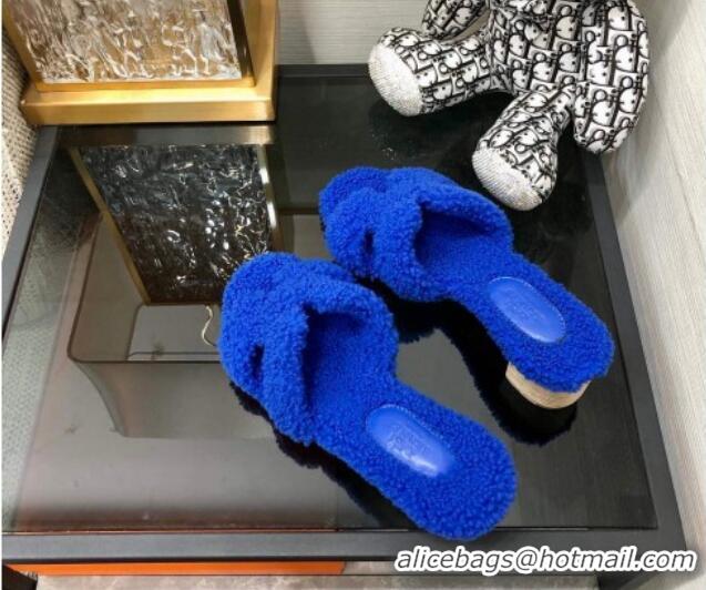 Duplicate Hermes Teddy Fur Medium Heel Slide Sandals 5cm Cobalt Blue 071905