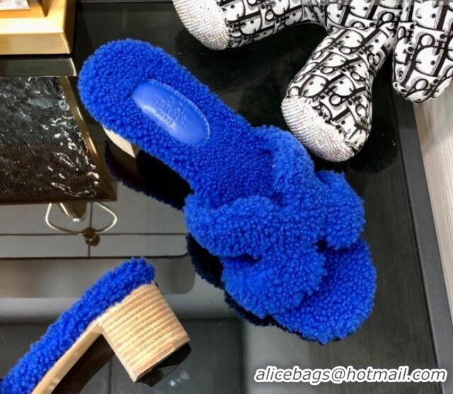 Duplicate Hermes Teddy Fur Medium Heel Slide Sandals 5cm Cobalt Blue 071905