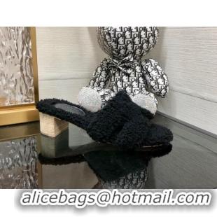 Grade Quality Hermes Teddy Fur Medium Heel Slide Sandals 5cm Black 071906