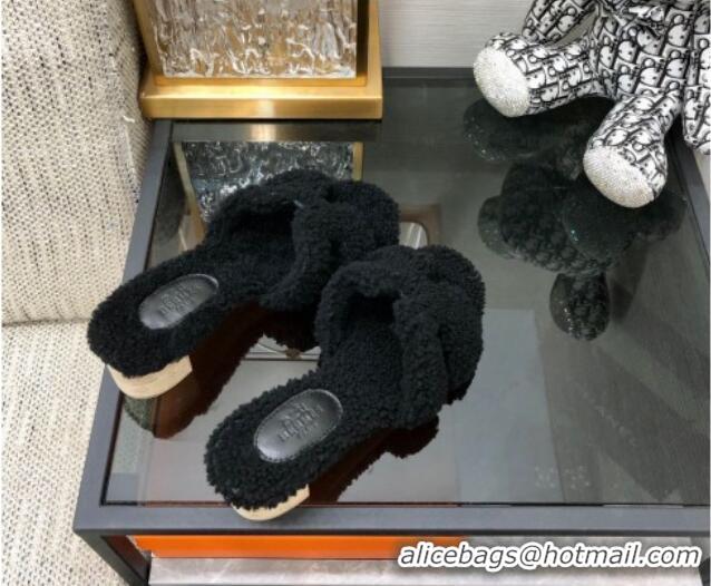 Grade Quality Hermes Teddy Fur Medium Heel Slide Sandals 5cm Black 071906