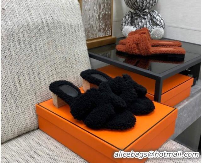 Grade Quality Hermes Teddy Fur Medium Heel Slide Sandals 5cm Black 071906