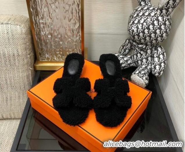 Grade Quality Hermes Teddy Fur Medium Heel Slide Sandals 5cm Black 071906