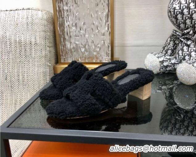 Grade Quality Hermes Teddy Fur Medium Heel Slide Sandals 5cm Black 071906