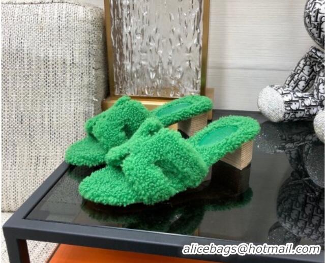 Perfect Hermes Teddy Fur Medium Heel Slide Sandals 5cm Grass Green 071907