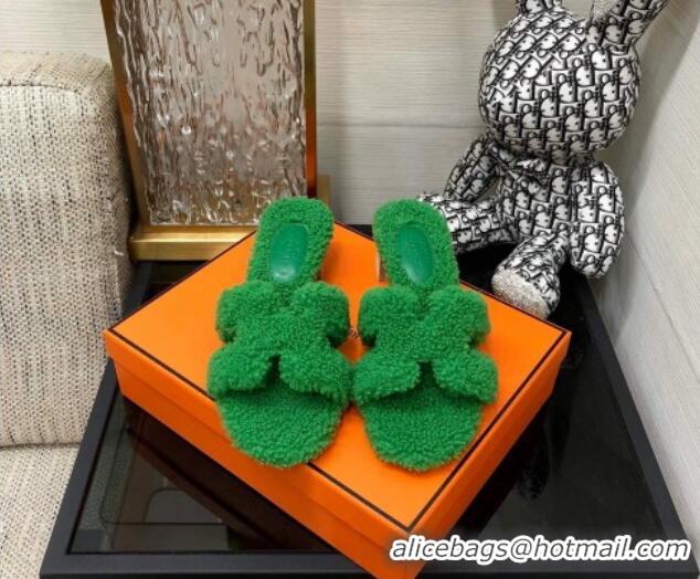 Perfect Hermes Teddy Fur Medium Heel Slide Sandals 5cm Grass Green 071907