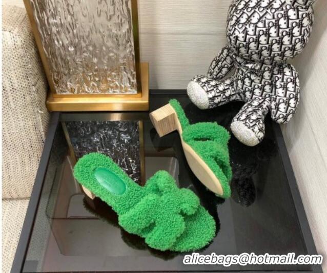 Perfect Hermes Teddy Fur Medium Heel Slide Sandals 5cm Grass Green 071907