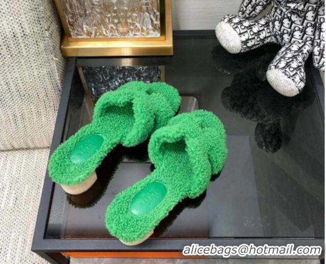 Perfect Hermes Teddy Fur Medium Heel Slide Sandals 5cm Grass Green 071907