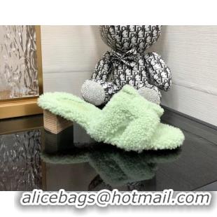 Good Quality Hermes Teddy Fur Medium Heel Slide Sandals 5cm Mint Green 071908