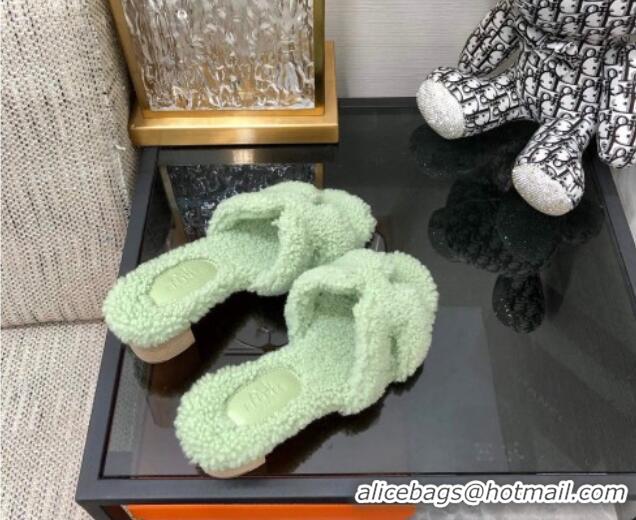 Good Quality Hermes Teddy Fur Medium Heel Slide Sandals 5cm Mint Green 071908