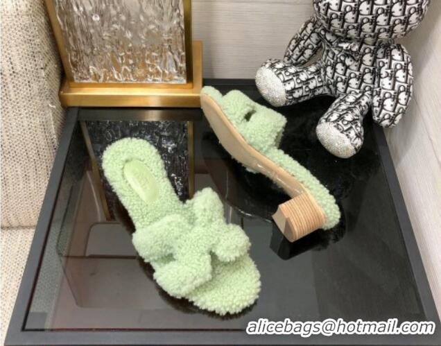 Good Quality Hermes Teddy Fur Medium Heel Slide Sandals 5cm Mint Green 071908