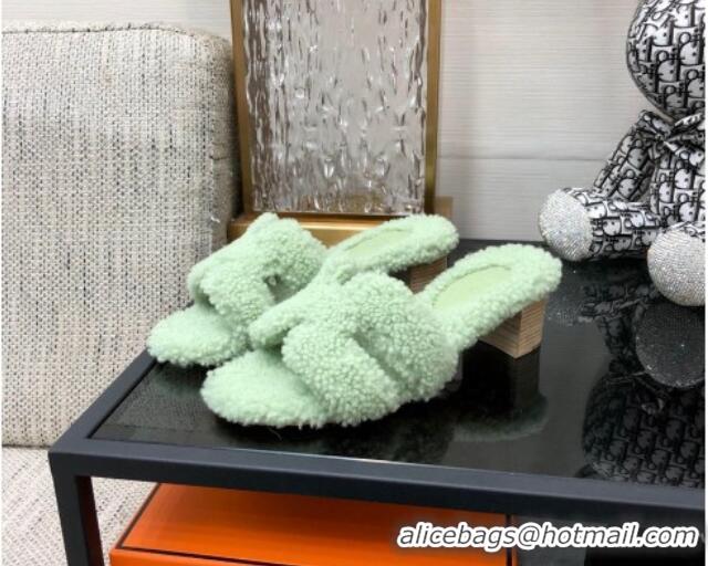 Good Quality Hermes Teddy Fur Medium Heel Slide Sandals 5cm Mint Green 071908