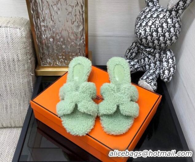 Good Quality Hermes Teddy Fur Medium Heel Slide Sandals 5cm Mint Green 071908