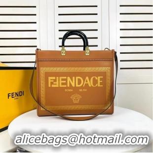 Discount Fendi Sunshine Medium Fendace Printed leather Logo shopper 8BH386A brown