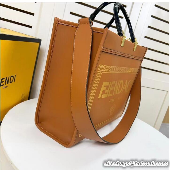 Discount Fendi Sunshine Medium Fendace Printed leather Logo shopper 8BH386A brown