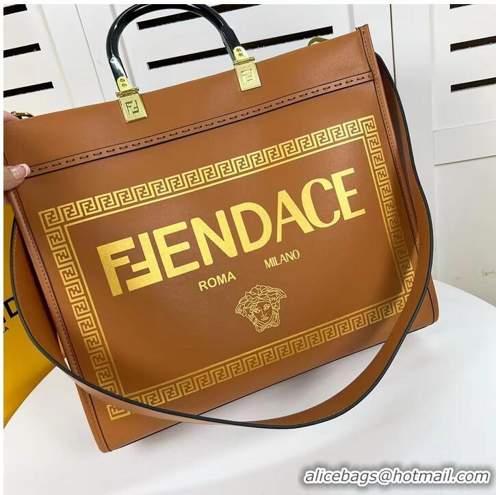 Discount Fendi Sunshine Medium Fendace Printed leather Logo shopper 8BH386A brown