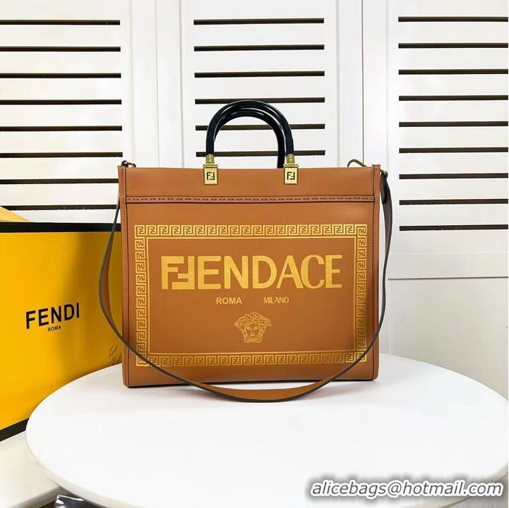 Discount Fendi Sunshine Medium Fendace Printed leather Logo shopper 8BH386A brown