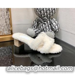 Best Grade Hermes Teddy Fur Medium Heel Slide Sandals 5cm White 071909